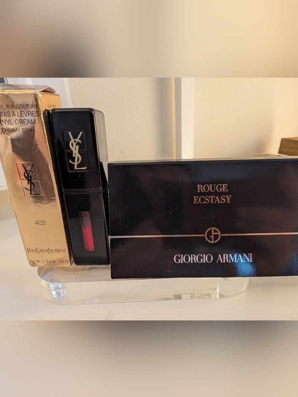 YSL Vinyl Cream Lip Stain #402 + Giorgio Armani Rouge Ecstasy Lip Sample Bundle